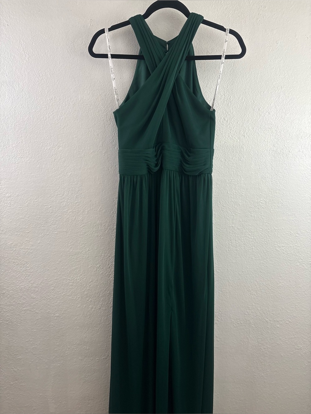DB Studio dark green chiffon bridesmaid gown halter neckline and pleated waist 4
